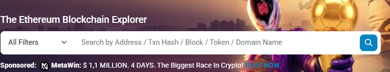 Etherscan 区块浏览器首页搜索框，可按地址、交易哈希、区块搜索