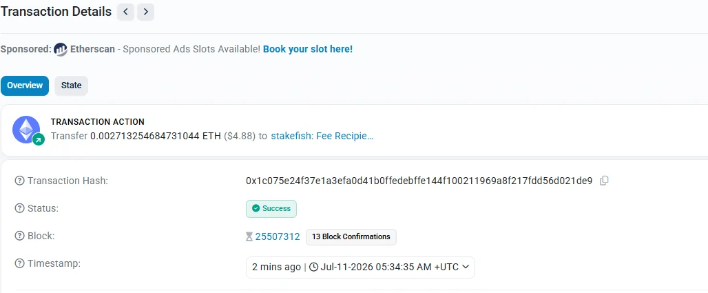 Etherscan 一笔交易详情：状态 Success、13 个区块确认、区块号、时间戳、转出转入地址