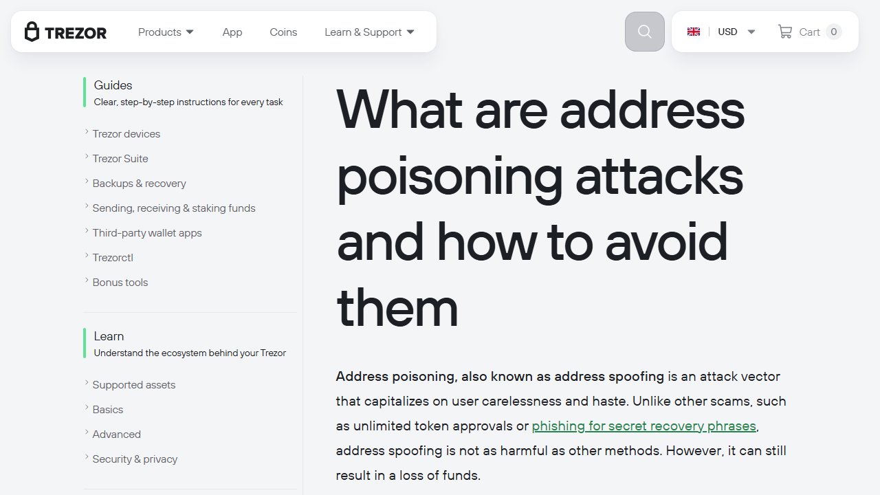 trezor.io 官方页面截图:What are address poisoning attacks and how to avoid them